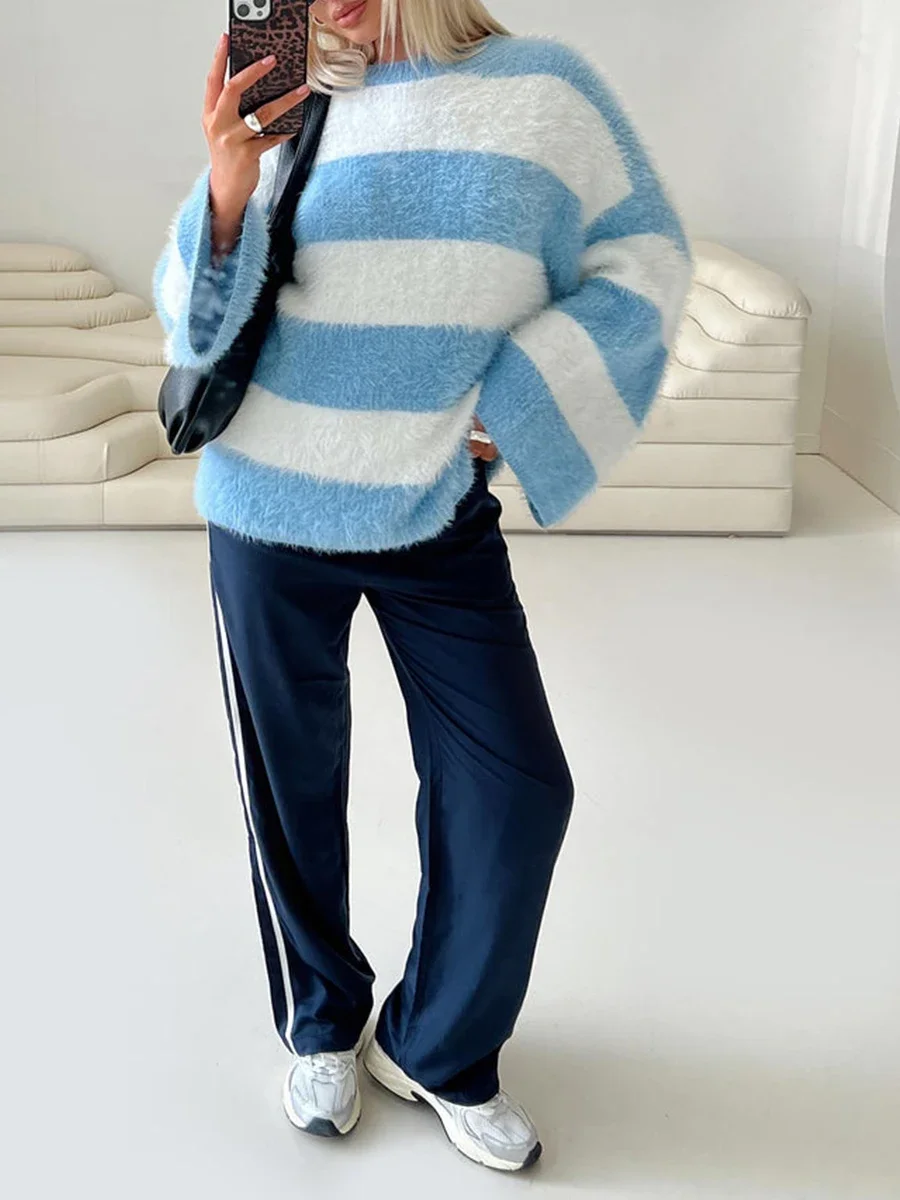 Новые модные женские свободные свитера из мохера с принтом в полоску круглым