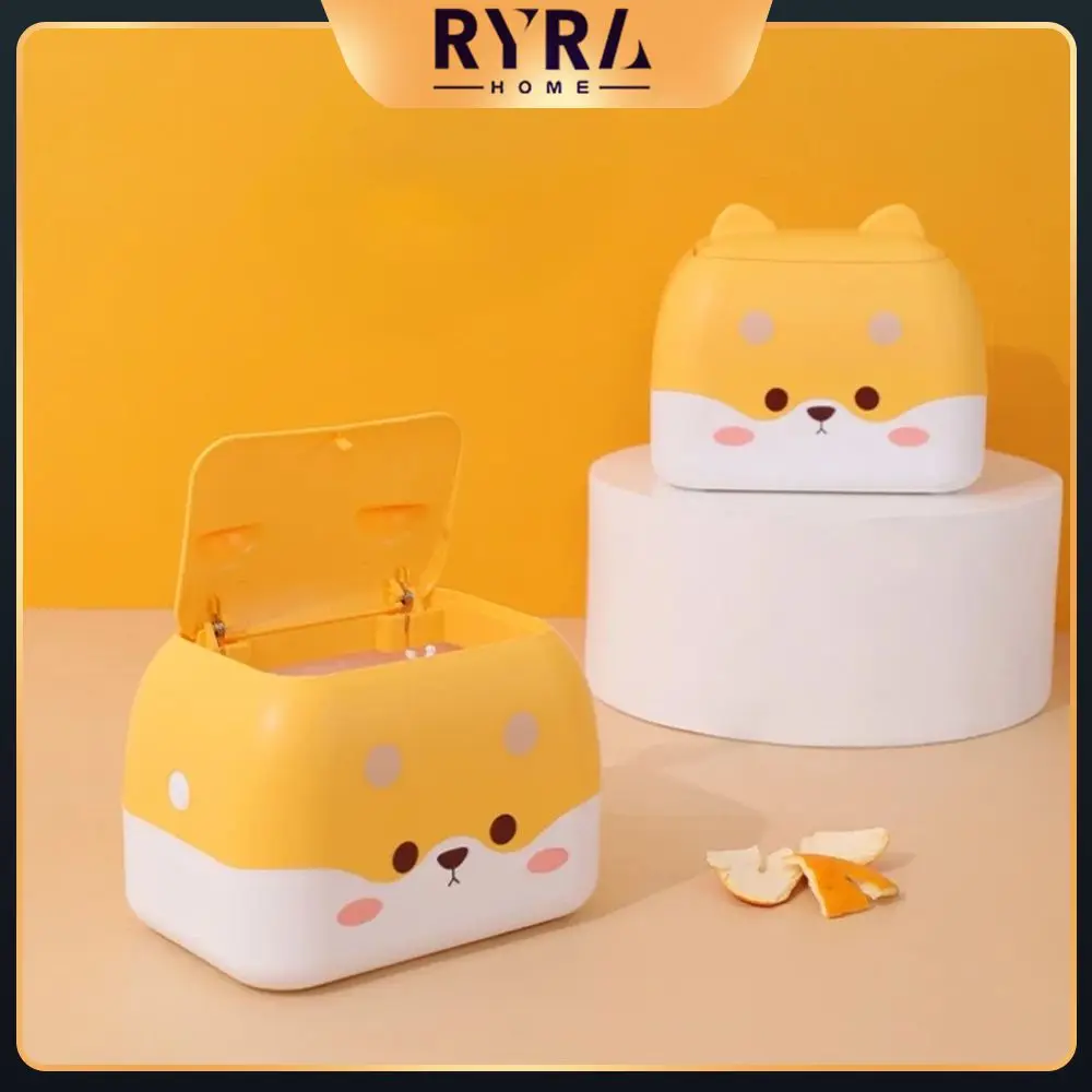 

17.5×12×15cm With Cover Garbage Basket Cute Appearance Desktop Trash Can Office Desktop Cheese Dog Storage Box Waste Bins 1pcs