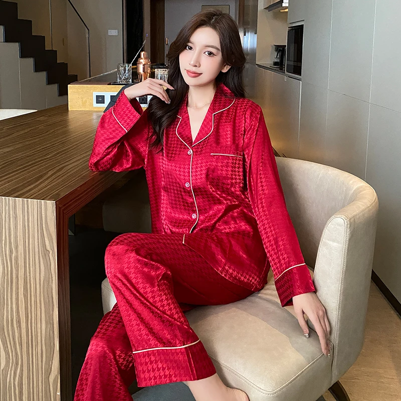 Spring Autumn Pajamas for Women Fashion Faux Silk Long Sleepwear Sets Home Clothes