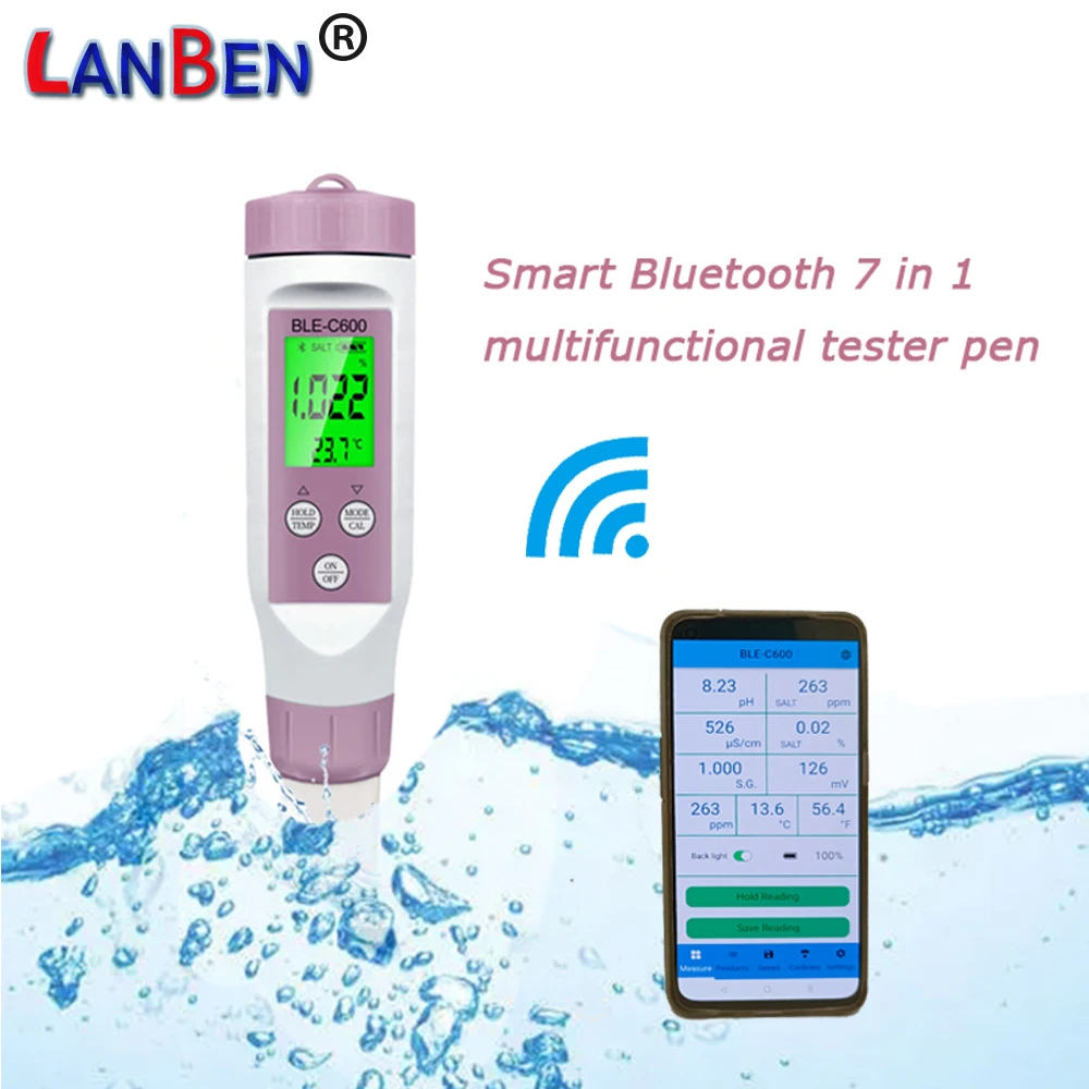 

7 in 1 Temp ORP EC TDS Salinity S.G PH Meter Online Blue Tooth Water Quality Tester APP Control for Drinking Laboratory Aquarium