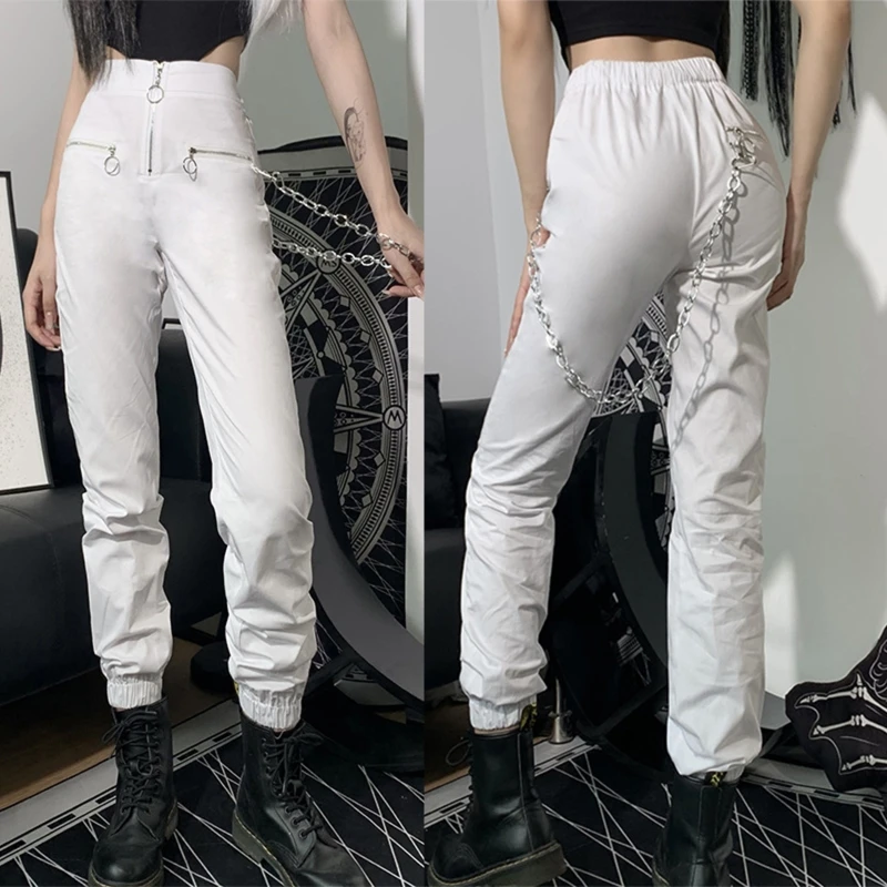 

MXMB Women High Waist Jogger Cargo Pants Hip Hop Zipper Metal Chain Tapered Trousers