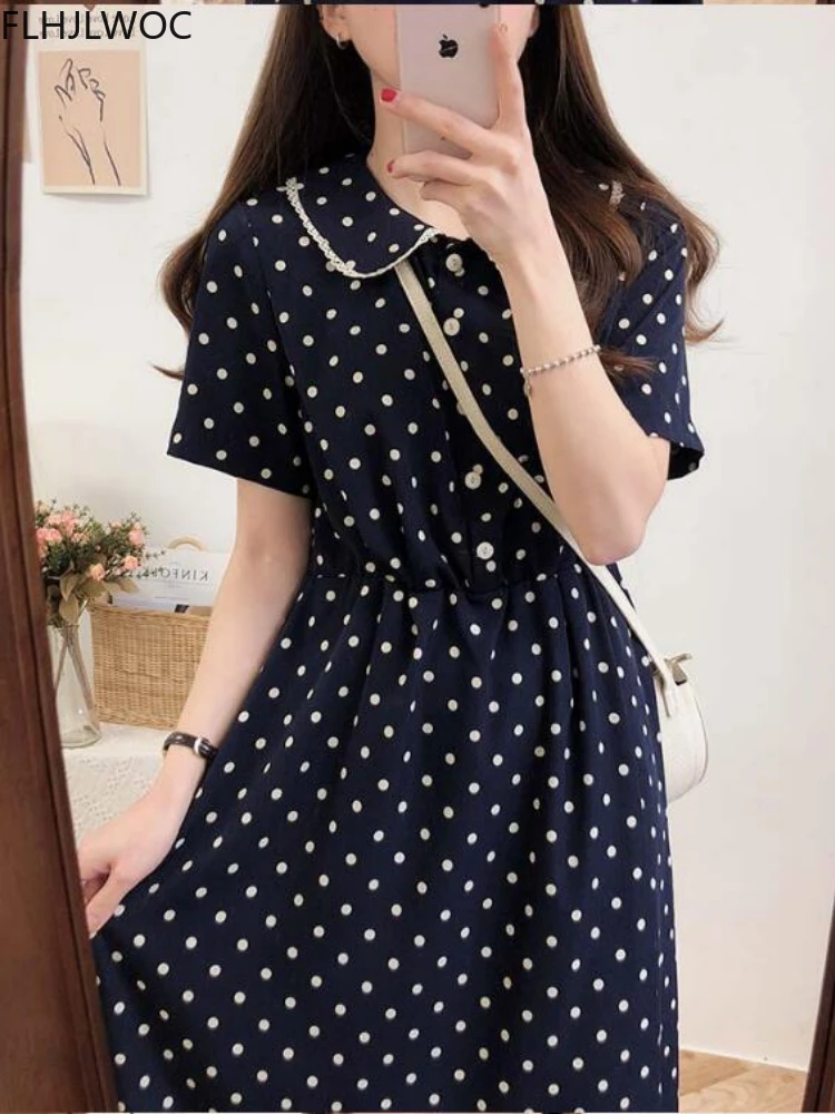 

Women Summer Dress Korean Japan Preppy Style Clothes Cute Girls Peter Pan Collar White Blue Polka Dot Vintage Shirt Dress 5163