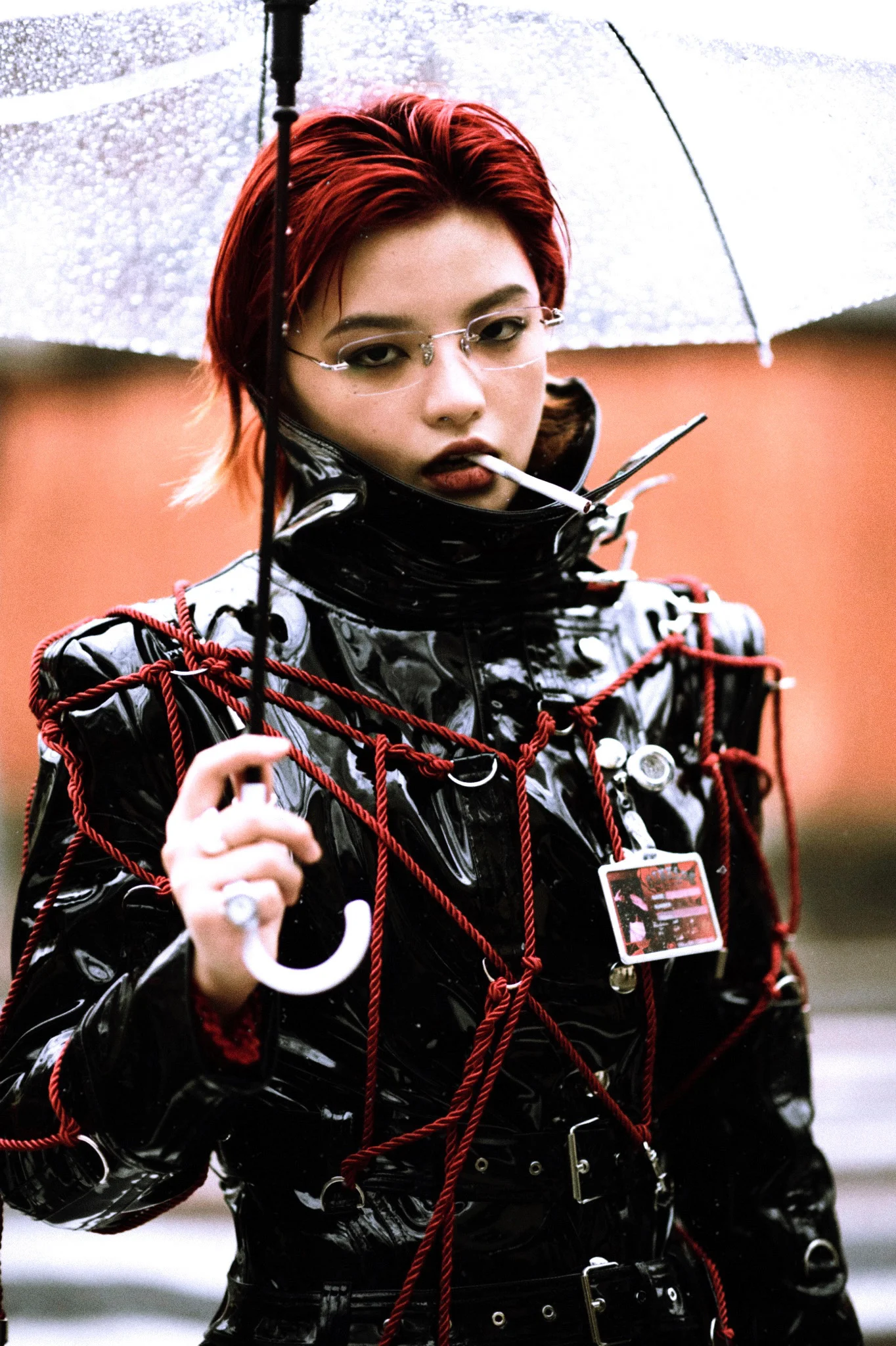 Sunken SINKing | SK Series TRA Strap Jipunk Style Black Red Cord Shiny Patent Leather Long Coat