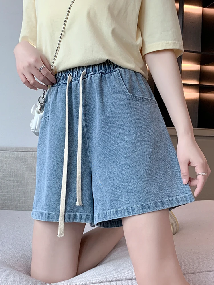 New Spring Summer Women Elastic Waist Loose Blue Denim Shorts Casual Female Wide Leg Lace Up Jeans Shorts Bottoms
