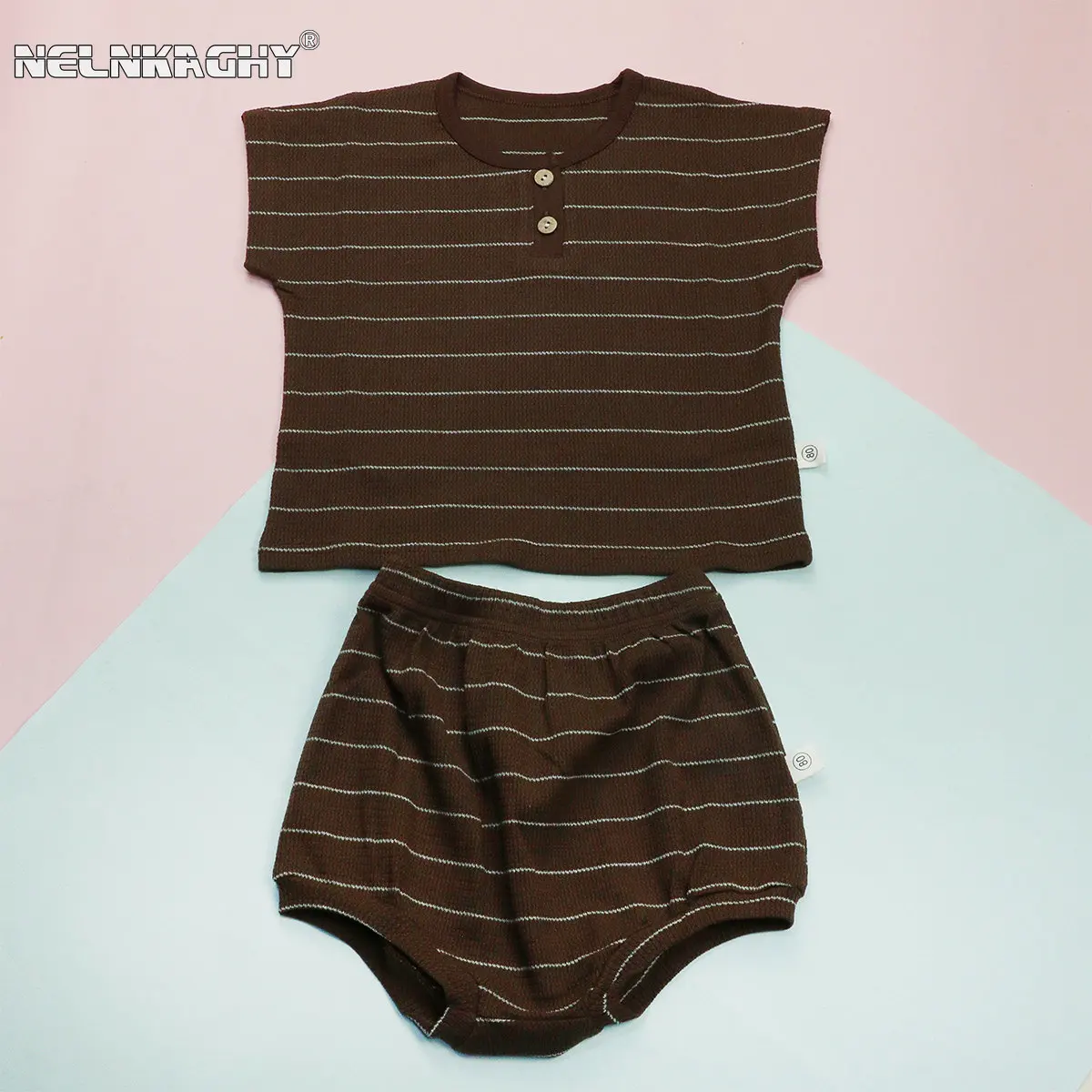 2023 New In Summer Infant Baby Girls Boys Short Sleeve Striped Waffler Top T-shirts Tee+ Bottoms Shorts Kids Clothing Set 2pcs