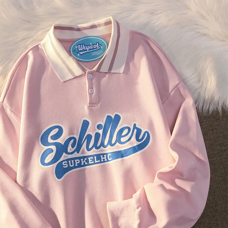 

Japanese College Style Polo Collar Sweatshirt Women Kawaii Clothes Ins Spring Y2k Gothic Letter Couple Long Sleeve Vintage Tops