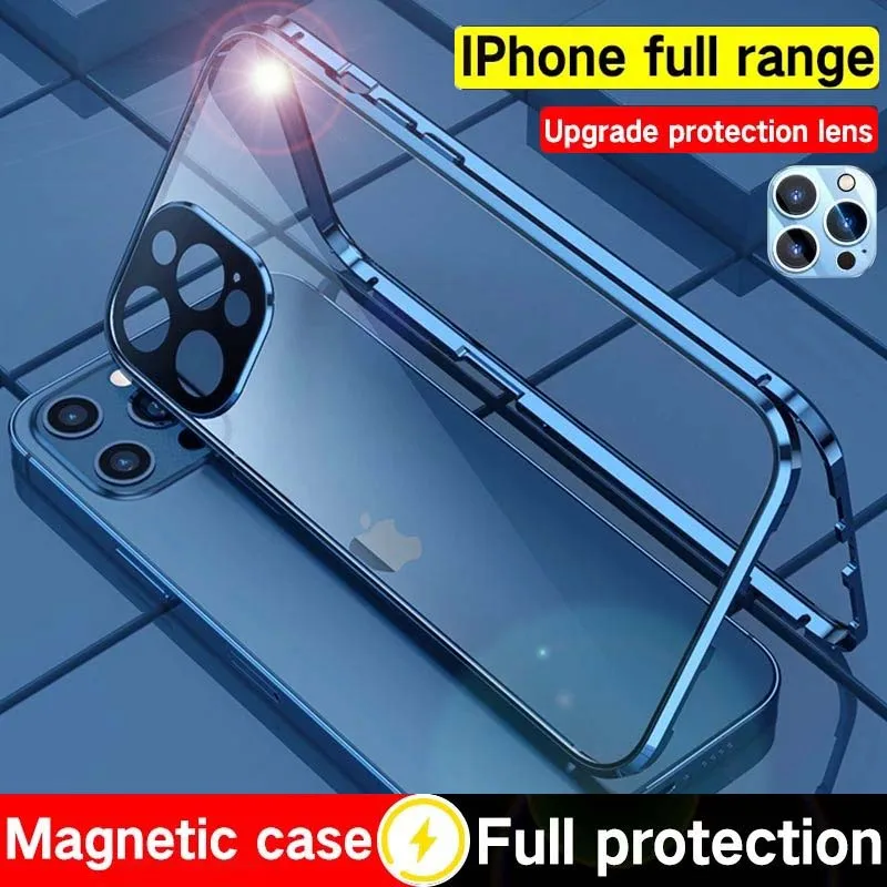 

ZZMA For iPhone 11 12 13 X XS Pro Max XR Mini Case New 360° Full Protection Magnetic Adsorption Glass iphone Case Top Cover