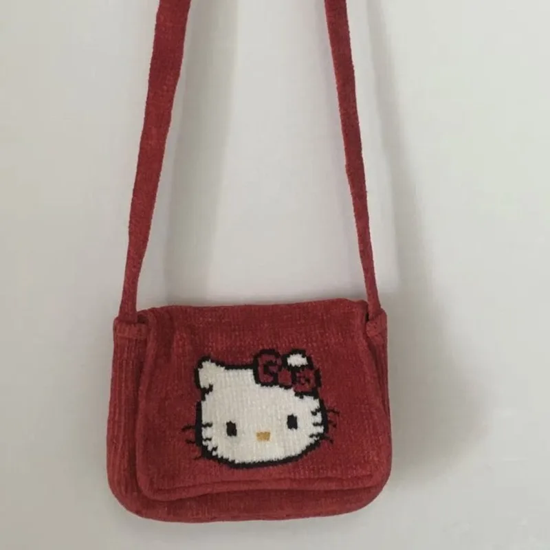 

Kawaii Sanrio Anime Hello Kitty Corduroy Embroidered Shoulder Bag Cute Cartoon Girly Heart Red Pixel Crossbody Bag Gifts