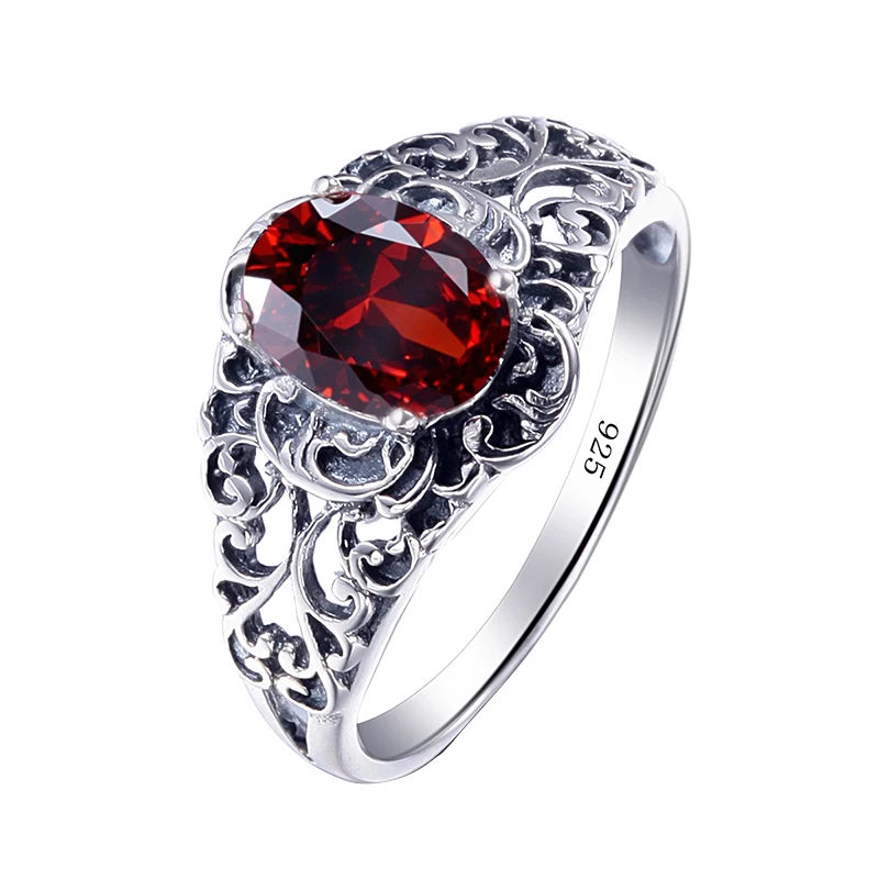 

Garnet Rings For Women Carve Oval Rose Big Rings Shimmering Vintage S925 Ring Silver Prong Setting 2020 Fashion Jewelry
