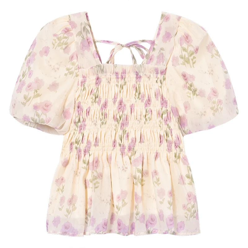 

Korean sweet floral chiffon summer loose slim square neck bubble sleeve sun protection shirt for women