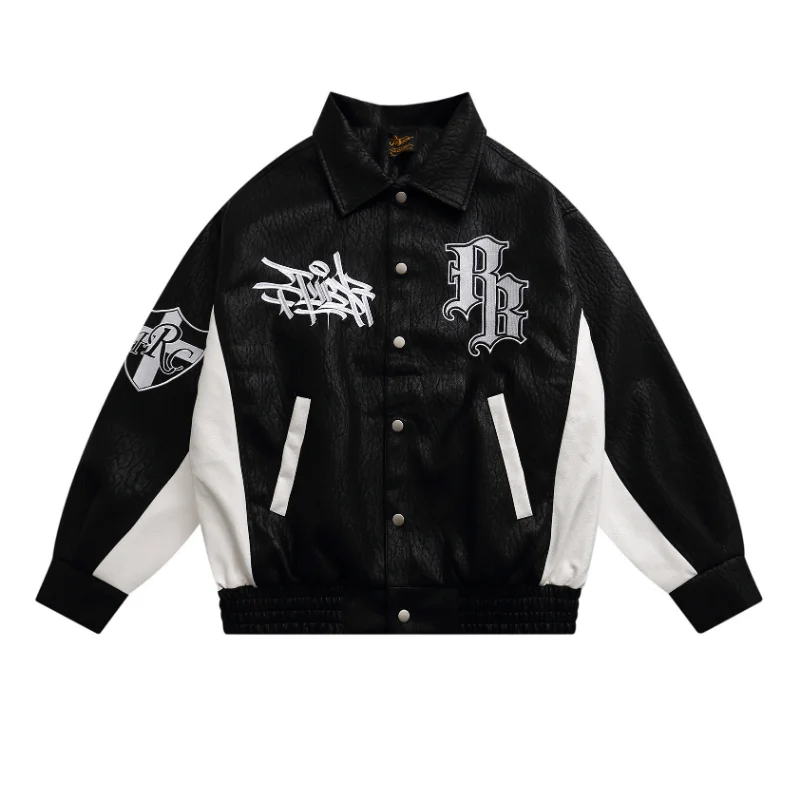 Embroidered PU Leather Jacket HipHop Mens Bomber Jacket Motorcycle Casual Varsity Jacket Color Matching Baseball Coat