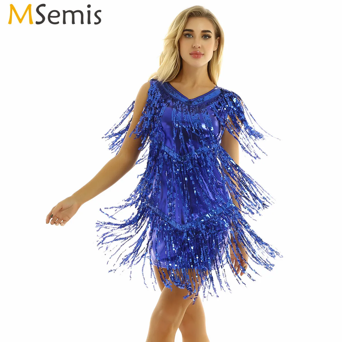 

Adult Latin Dance Dress Women Sleeveless V-Neck Shiny Sequin Tassel Fringe Ballroom Samba Tango Stage Rave Pole Dance Costume