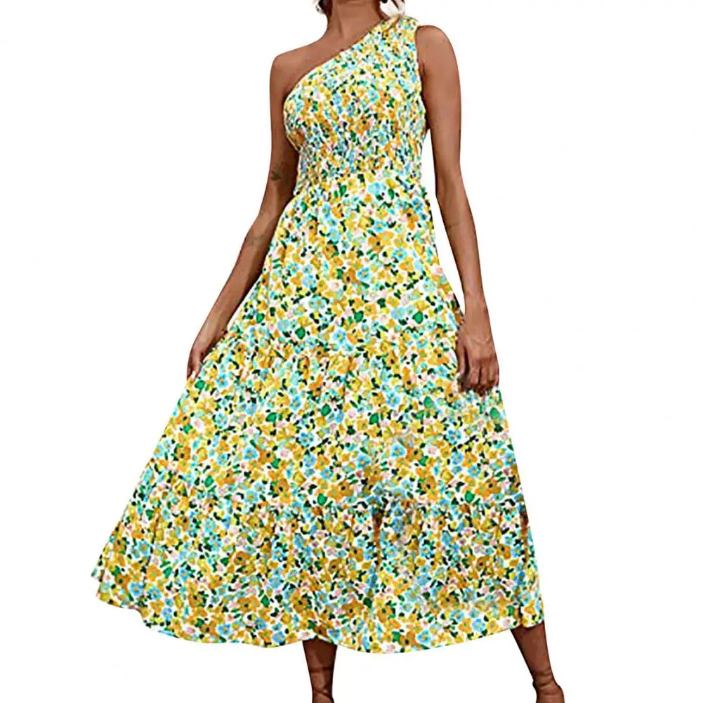 

Autumn Women Midi Dress One Shoulder High-Waist Large Hem Beach Dress Floral Print Sleeveless Sundress 2022