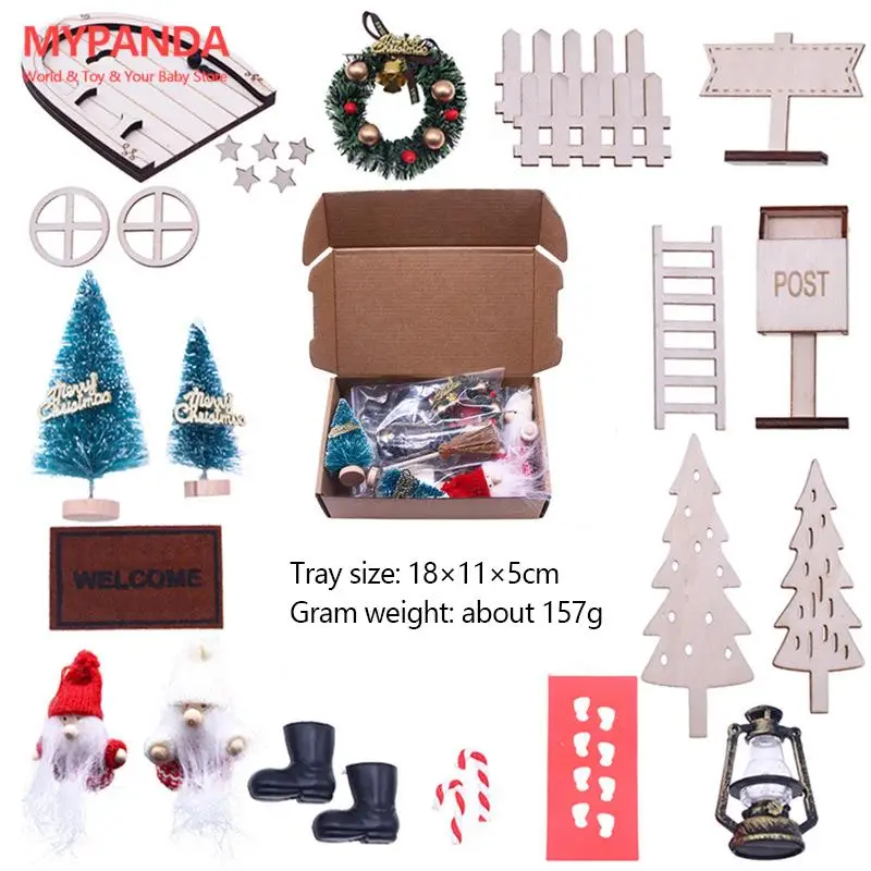 

1Set 1:12 Dollhouse Miniature Christmas Fairy Elf Door Santa Claus Kerosene Lamp Xmas Tree Model House Decor Toy