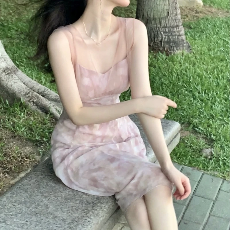 

Женское шифоновое платье на бретелях, элегантное винтажное платье-трапеция во французском стиле с принтом, лето 2022