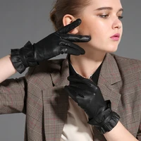 gours women winter real leather gloves black genuine goatskin gloves thin lining fashion soft warm driving new arrival gsl039