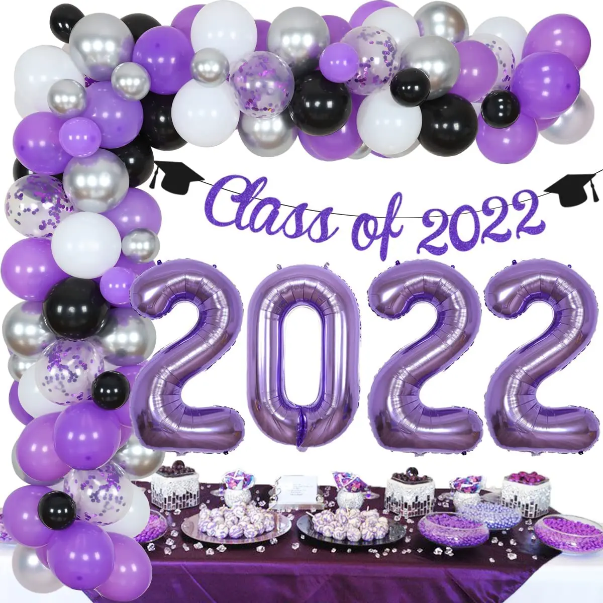 

Cheereveal 2022 Graduation Party Decorations Purple Silver Black Balloon Garland Arch Kit Class of 2022 Banner Party Supplies