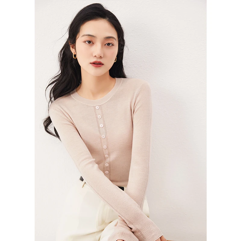 

Elegant 80% Wool Sweaters High Street Slim Sweaters Pullover Button O-Neck Spring/Summer Long Sleeve Sweater Mujer