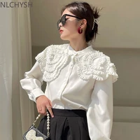 simple peter pan collar fall office lady solid shirts women 2022 fashion chic flower tops spring tops sweet deisgned blouses