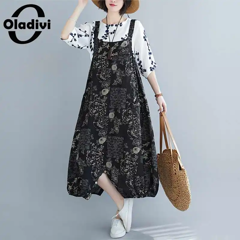 

Oladivi Oversized Women Wide Leg Cotton Linen Loose Rompers Two Wears Fashion Print Jumpsuit Strapless Overall Casual Harem Pant