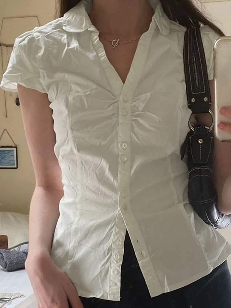 Женская плиссированная блузка с пышными рукавами Y2k пикантная однобортная