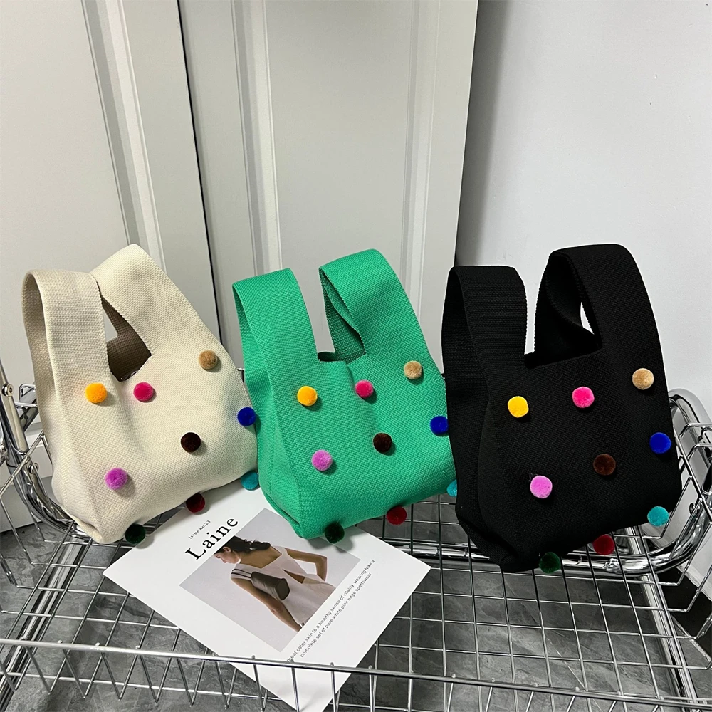 Women's Winter Japanese Wrist Knot Bag Casual Color Ball Knitting Handbag Student Knitted Shoulder Bag Reusable Shopping Bags