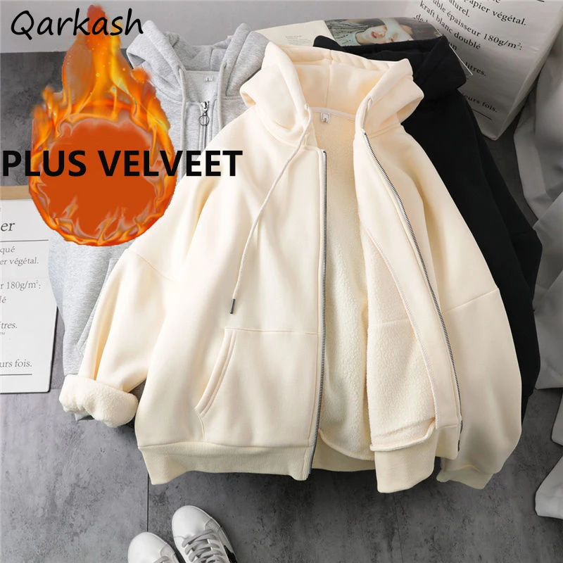 

Hoodies Women Students Aesthetic Thicker Solid Fashion All-match Simple Korean Style Loose Casual Soft New Design Cozy Ins Bf