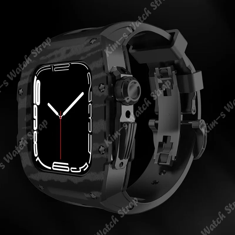 Carbon Fiber Titanium Alloy Case Modification Kit for Apple Watch 7 45mm Fluorine Rubber Strap for iWatch 6 SE 5 4 44mm Band Set
