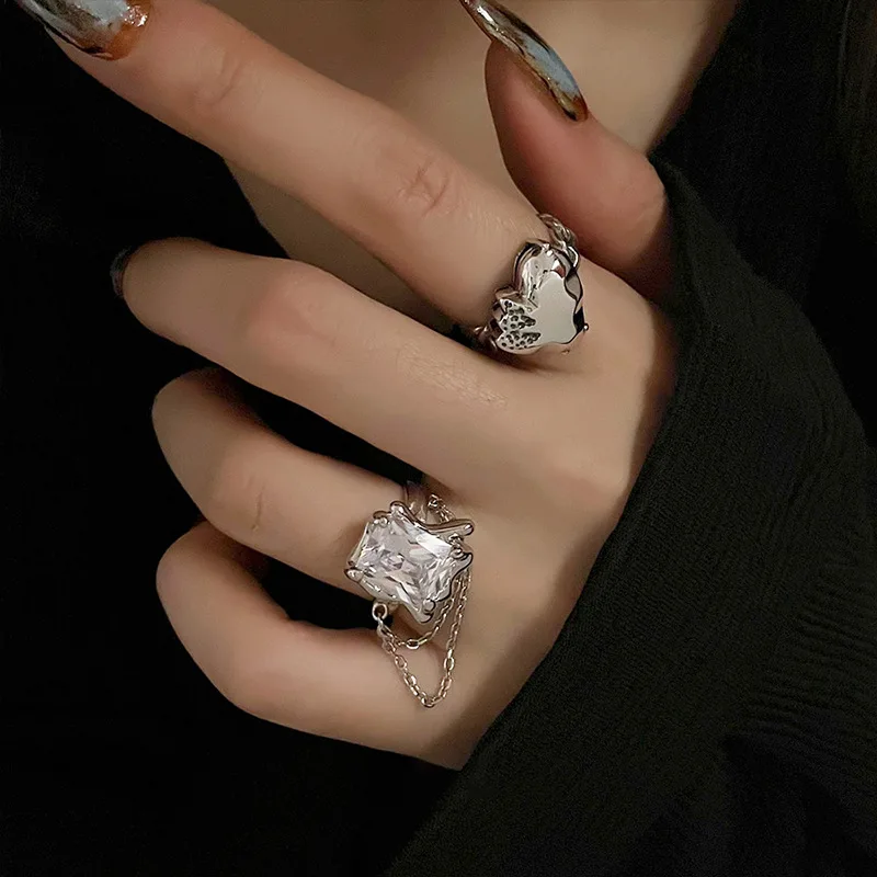 

New Arrival Romantic Love Heart Shiny Square Crystal Thai Silver Female Ring Jewelry For Women Christmas Gifts No Fade
