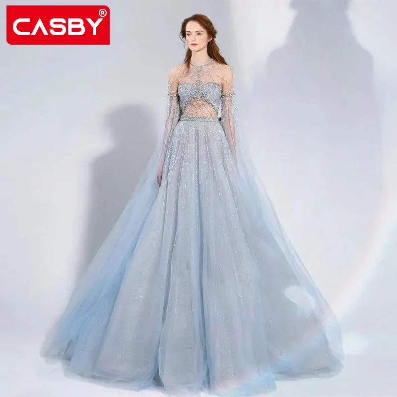 

Casby Charming Sky Blue Shiny Appliques Beaded Prom Dress Tulle Ball Gowns Corset Princess Evening Gown Dress