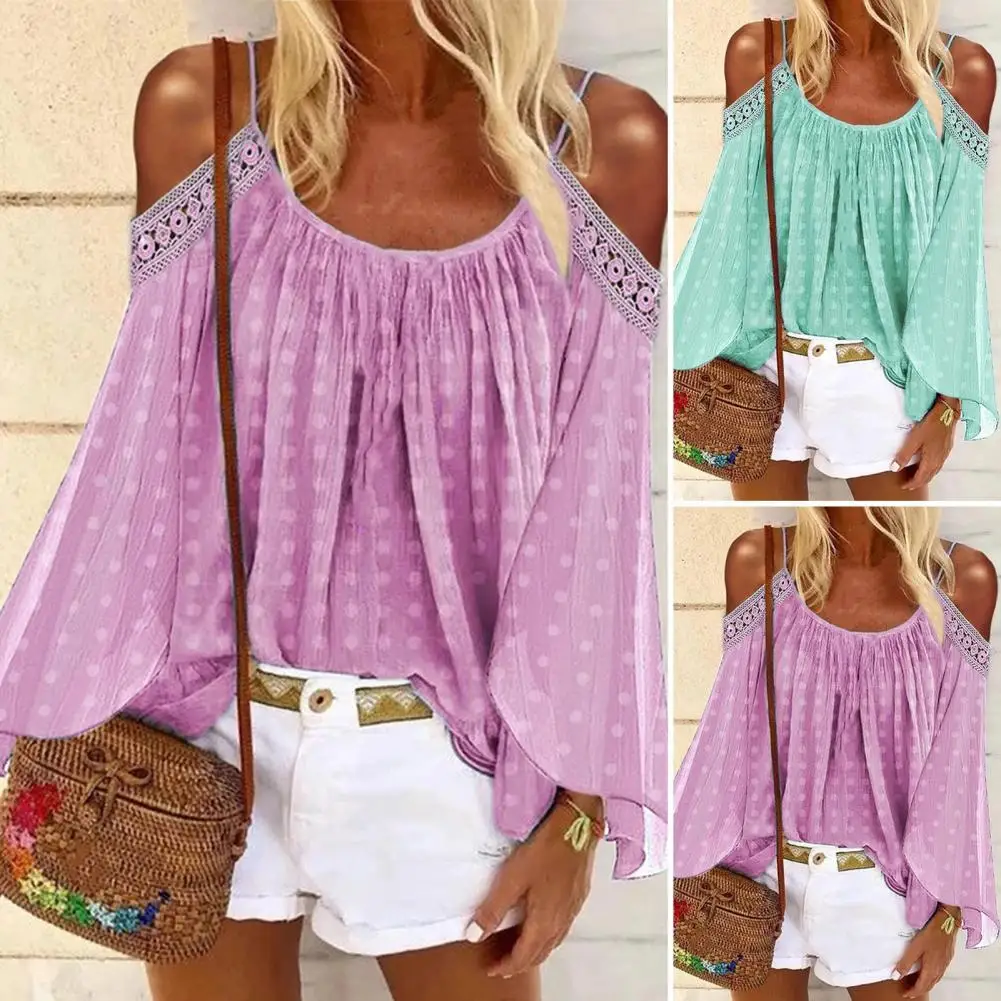 

Sexy Spaghetti Strap Women Summer Blouse O Neck Lace Patchwork Off Shoulder Flare Sleeve Casual Top Lady Clothes Streetwear