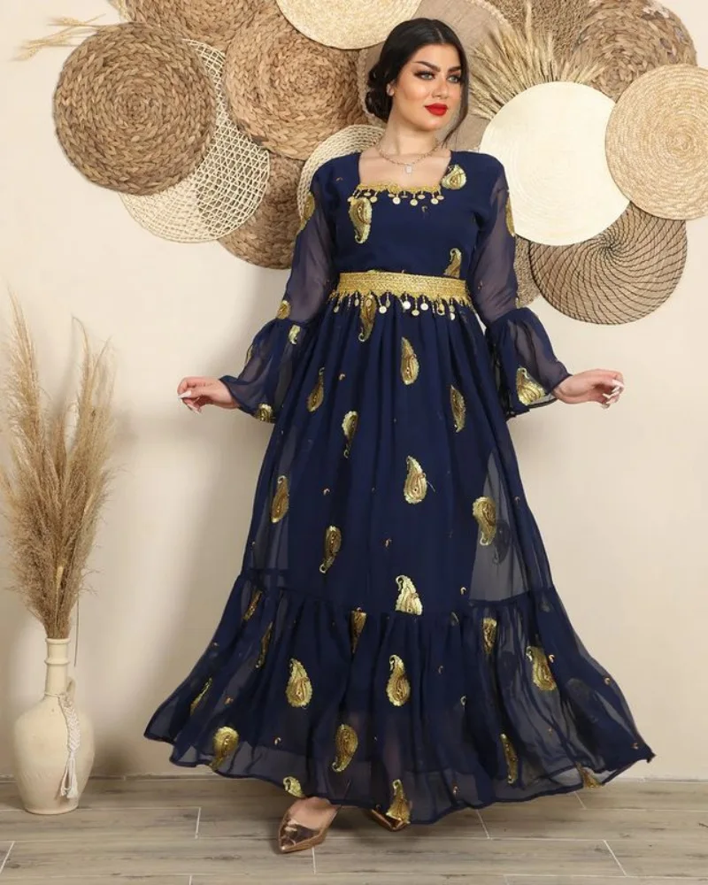 PLEINDI Bohemian Evening Dresses V-Neck Straight Long Sleeves Ankle-Length Chiffon 2022 New of Sequined Boho Prom Dress Women