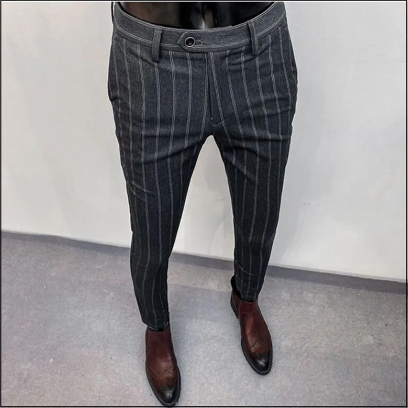 

Striped Suit Pants Men Business Office Social Dress Pants Casual Slim Fit Wedding Trousers Pantalon Homme Classique
