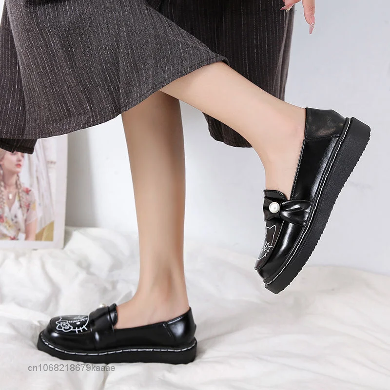 Hello Kitty Shoes JK Round Head Japanese Korean Style Flat Bottom Soft Leather Shoes Women Student Fashion Outside Lolita Shoes
