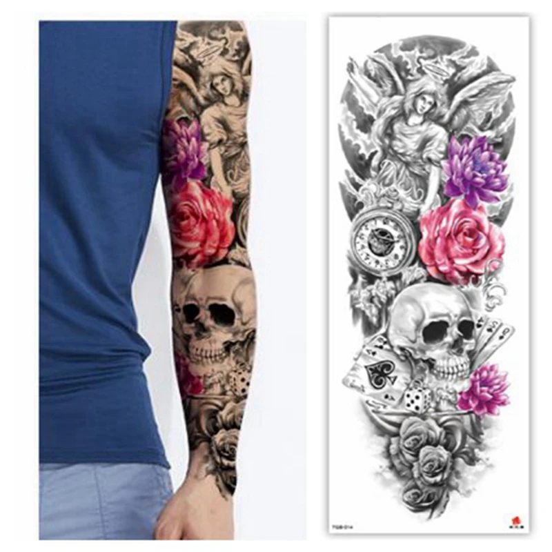 

Большой рукав-наклейка на руку, искусственная татуировка, Череп, ангел, роза, лотос, для мужчин, полный цветок, тату боди-арт, тату для женщин ...