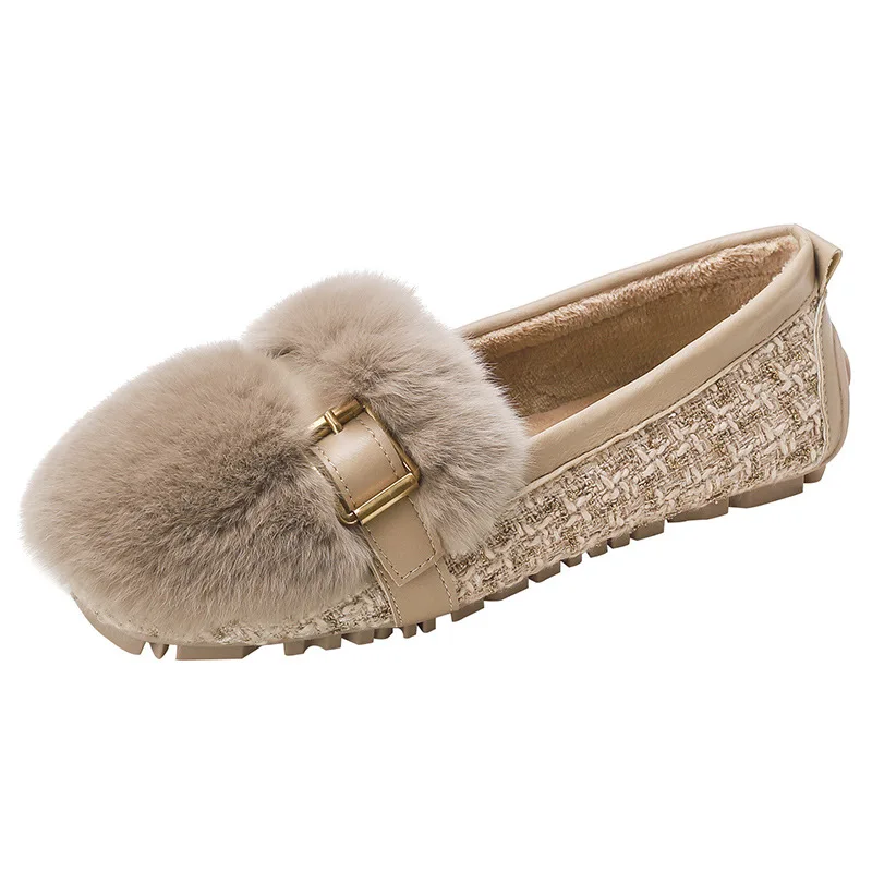 Women Fur Shoes  Flat  Superfine Fiber Solid Color  Round Shape Breathable Belt Buckle    Woman