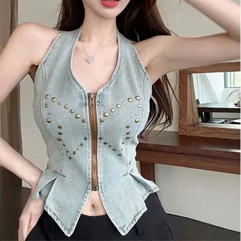 Женские пикантные джинсовые короткие майки укороченный топ 2024 асимметричный