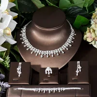 Fashion Latest Bridal Wedding Jewelry Sets High Quality Leaf Water Drop CZ Women Anniversary 4pcs Necklace and Earring Set N-303