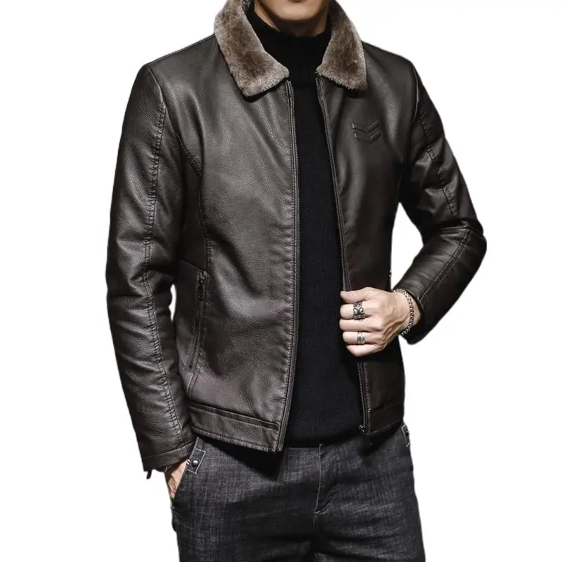 

New Thick Leather Jacket Faux Fur Collar Windproof Warm Mens Winter Autumn Men 's Fashion Jacket Coat Brand Clothing