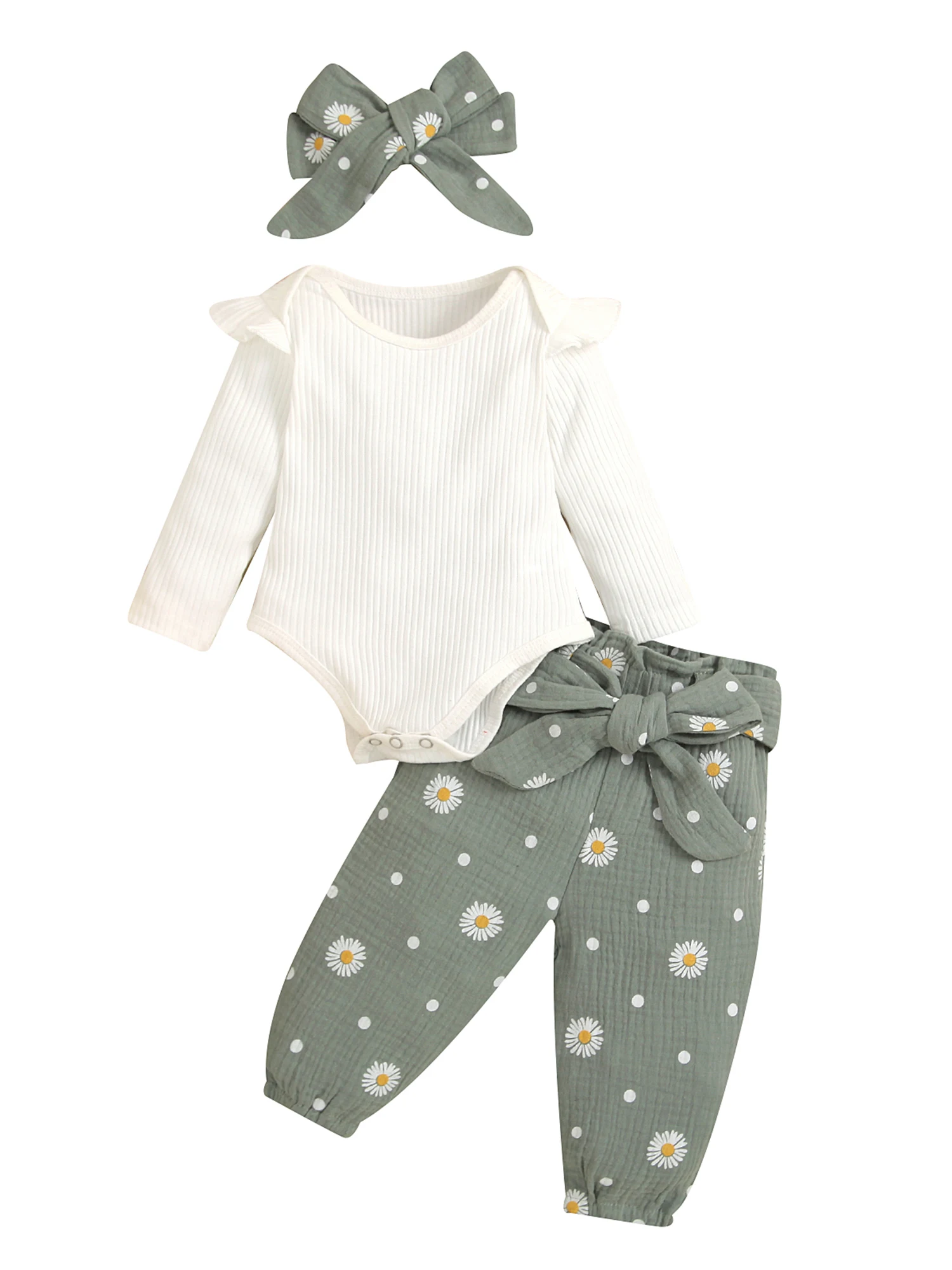 

Baby Girls 3PCS Romper Suit Long Sleeve Plain Ribbed Snap Romper Daisies Ruched Long Pants with Belt Bow Headband