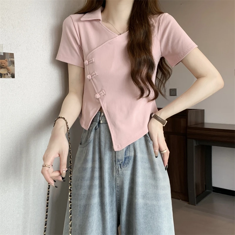 Jigu Plus size Short sleeve T-shirt Chubby Girl Summer Unique Chic Retro Chinese Sle Buckle Top