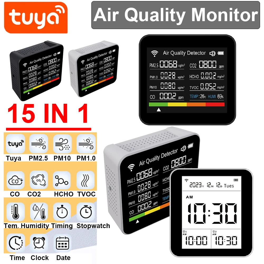 

15 In 1 Gas Detector CO2 Sensor Digital Temperature Humidity Tester Tuya LCD PM2.5 PM10 HCHO TVOC CO Meter Air Quality Monitor