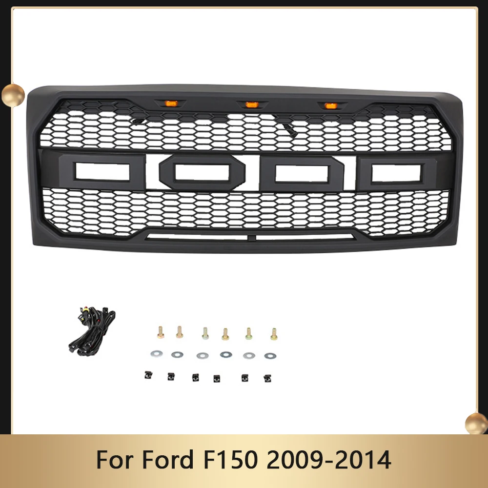 

Upgrade Raptor Style Racing Grill Front Bumper Grille W/LED Light & Letters Fit For Ford F150 2009-2014 Hood Mesh Upper Grid