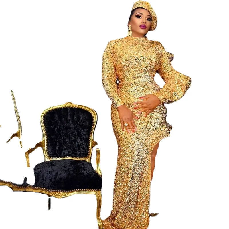 

African Dresses For Women 2022 New Elegant Dubai Turkish Sequin Evening Dress & Hat Long Sleeve Gown Robe Africaine Femme