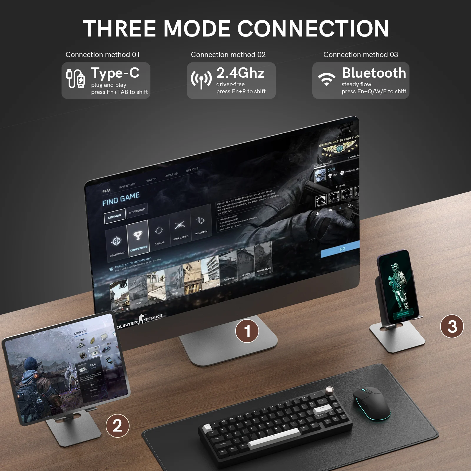 SK65 Трехрежимная игровая клавиатура с горячей заменой Механическая RGB-подсветкой