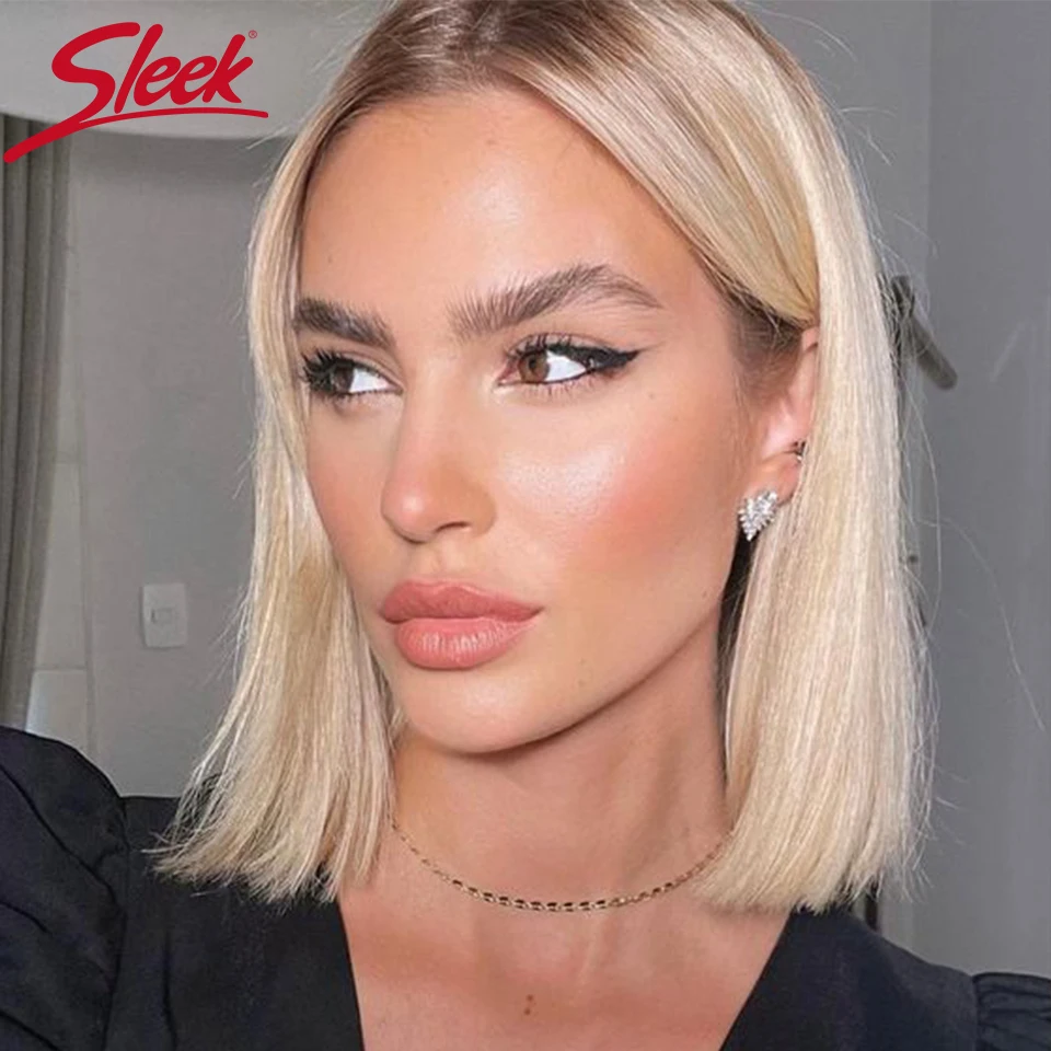 Sleek Short Bob Human Hair Wigs For Women Gold Blonde Lace Brazilian Hair Wigs With Black Root Pink Colored T Part Lace Wigs