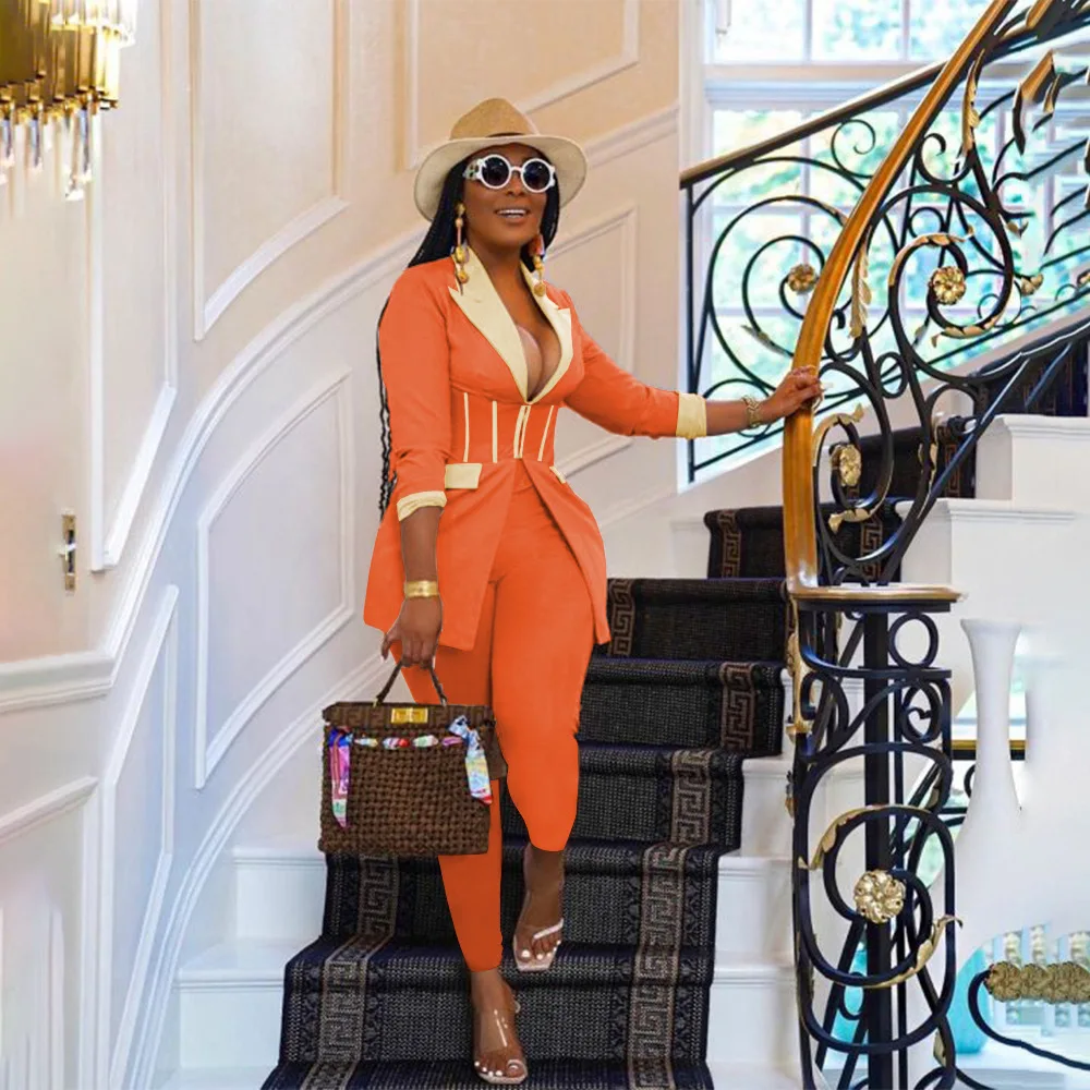 

Color Block Patchwork Suits Elegant Turn-down Collar Blazer Coat Top Pants Slim Club 2 Piece Set Lady Matching Set Fall Clothes