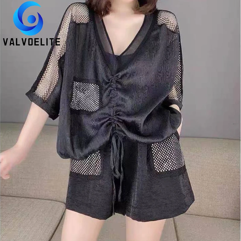 

Woman Short-sleeved Suit Black Drawstring Half-sleeved Shirt Elastic Waist Shorts 2-piece Casual Home Wear Outdoor Sportswear