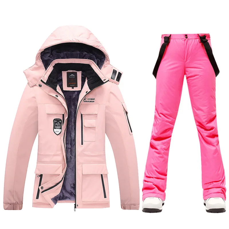 Новый лыжный костюм, женские Зимние флисовые лыжные куртки и брюки на бретелях, теплая водонепроницаемая куртка для сноуборда, женская брендовая уличная одежда для походов и кемпинга