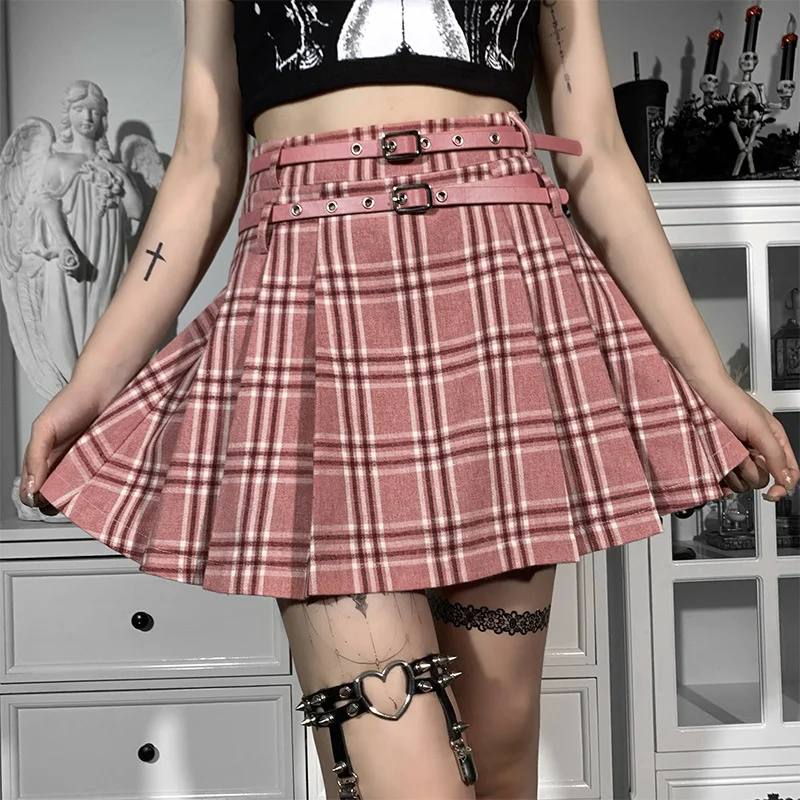 

Women School Pleated Skirt Y2k Preppy Style Plaids High Waist Miniskirt with Belt Grunge Streetwear Fashion Flared A-line Skirt